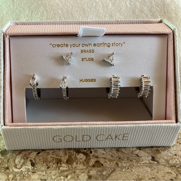 New Gold Cake Earring Set 3 Pair Silver Huggies and Studs, Create Your Own Story - Picture 2 of 3